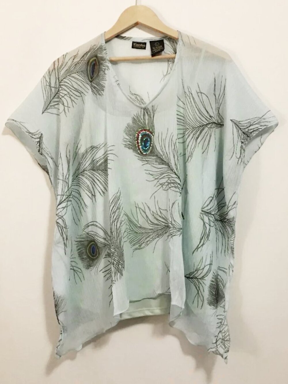 Cactus Peacock Print Plisse Beach Cover Up Art Deco L